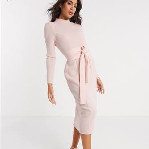 Long Sleeve Midi Dress with Obi Belt in Blush